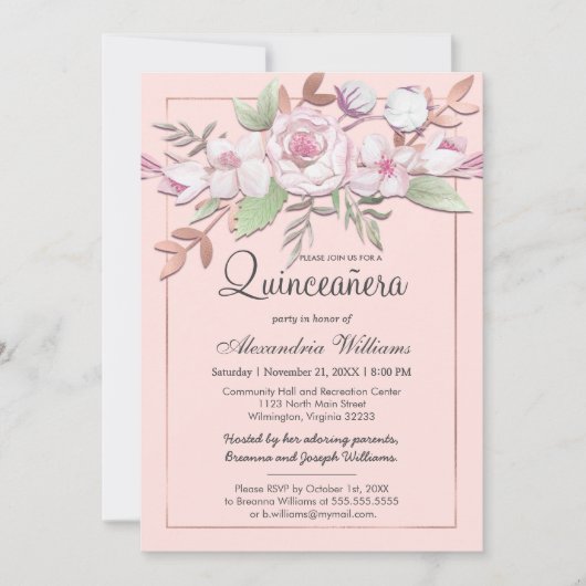 Girly Roos Gold Blush Roze Bloemen Quinceañera Kaart (Voorkant)