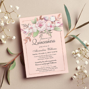 Girly Roos Gold Blush Roze Bloemen Quinceañera Kaart