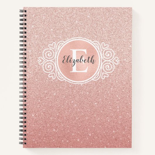Girly Roos Gold Blush Roze Glitter Monogram Naam Notitieboek (Voorkant)