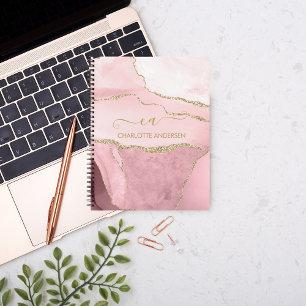 Girly Roos Gold Blush Roze Glitter Monogram Naam Notitieboek