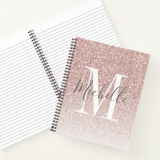 Girly Roos Gold Blush Roze Glitter Monogram Naam Notitieboek