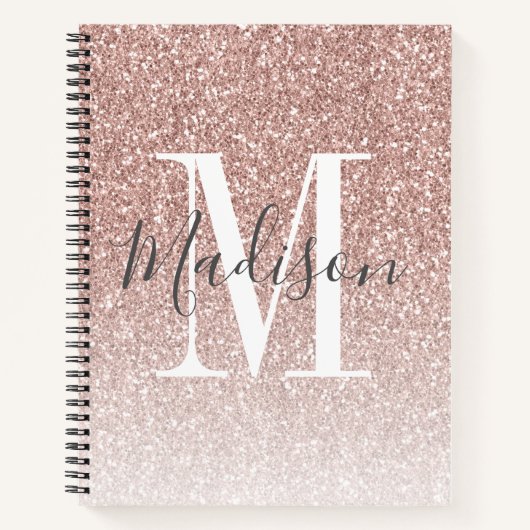 Girly Roos Gold Blush Roze Glitter Monogram Naam Notitieboek (Voorkant)