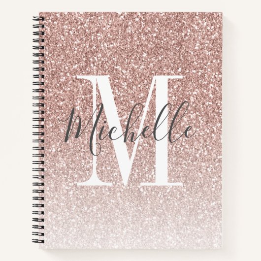 Girly Roos Gold Blush Roze Glitter Monogram Naam Notitieboek (Voorkant)