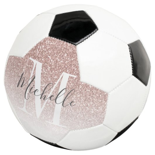 Girly Roos Gold Blush Roze Glitter Monogram Naam Voetbal (Drie kwart)