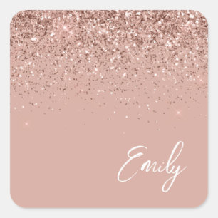 Girly Roos Gold Blush Roze Glitter Name Vierkante Sticker
