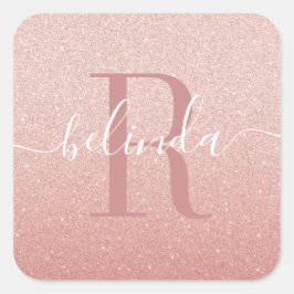 Girly Roos Gold Blush Roze Monogram Name Square St Vierkante Sticker