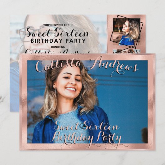 Girly Roos Gold Border Foto Collage Sweet 16 Kaart (Voorkant / Achterkant)