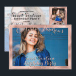 Girly Roos Gold Border Foto Collage Sweet 16 Kaart<br><div class="desc">Deze moderne en zoete fotocollage, zoete 16-jarige uitnodiging is perfect voor de trendy en stijlvolle zelfs. Het is voorzien van een glanzend, chic en glamoureus aanpasbaar fotocollage van vijf afbeeldingen met elegante zwarte en roze roos-roze typografie die in faux gedrukte gouden folie van het roos wordt geschetst en geordend. Het...</div>