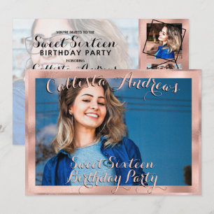 Girly Roos Gold Border Foto Collage Sweet 16 Kaart