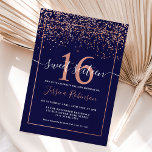 Girly roos gold confetti navy blue chic Sweet 16 Kaart<br><div class="desc">Een korrelig,  elegant en chic roos goudfolie confetti en geometrische lijst border Sweet 16 verjaardagsfeestuitnodiging,  op een bewerkbare blauw marinekant achtergrond en een modern elegant script font,  is dit perfect voor elegante girly party. Voeg je foto aan de achterkant toe</div>