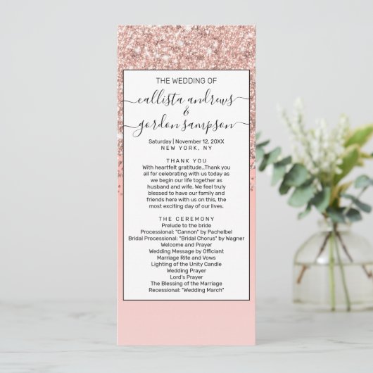 Girly Roos Gold Confetti Pink Gradient Ombre Programmakaart (Staand voorkant)