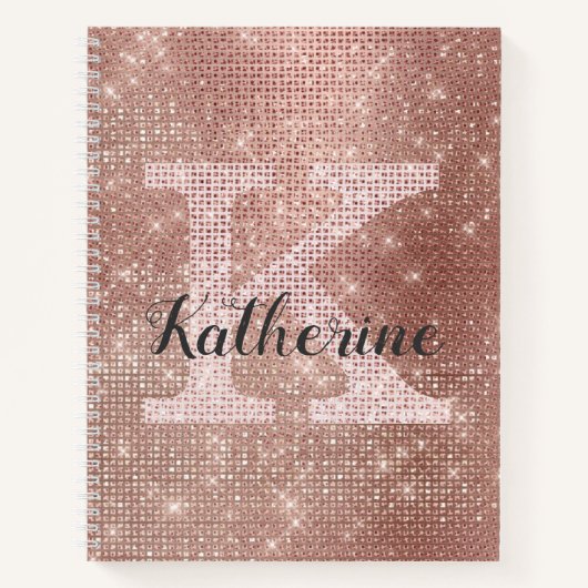 Girly Roos Gold Diamond Glam Sparkle Monogram Naam Notitieboek (Voorkant)
