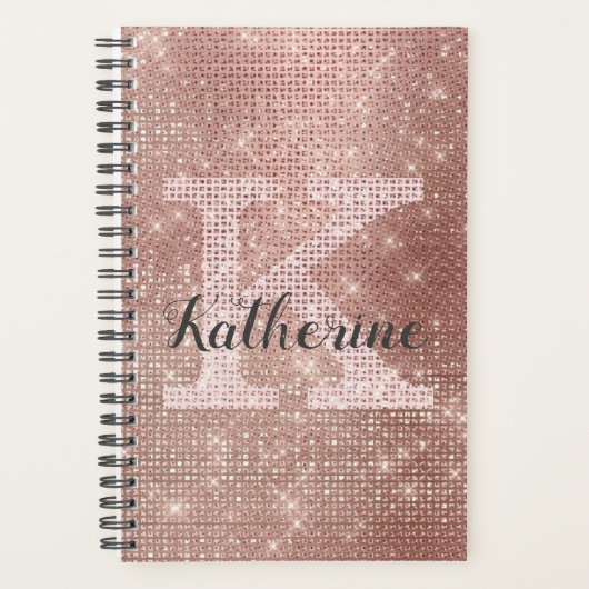 Girly Roos Gold Diamond Glam Sparkle Monogram Naam Planner (Voorkant)