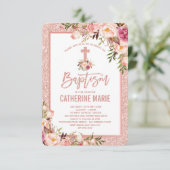 Girly Roos Gold Floral Baptism Baby Girl Kaart (Staand voorkant)