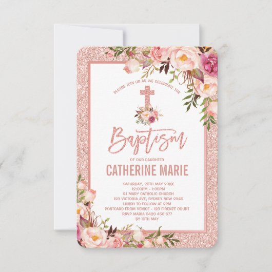 Girly Roos Gold Floral Baptism Baby Girl Kaart (Voorkant)