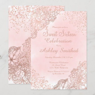 Girly roos gold floral glitter confetti Sweet 16 Kaart