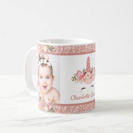 Girly Roos Gold Floral Unicorn Koffiemok (Voorkant links)