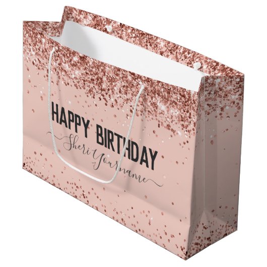 Girly Roos Gold Glitter Birthday Gift Bag Groot Cadeauzakje (Voorkant Gekanteld)