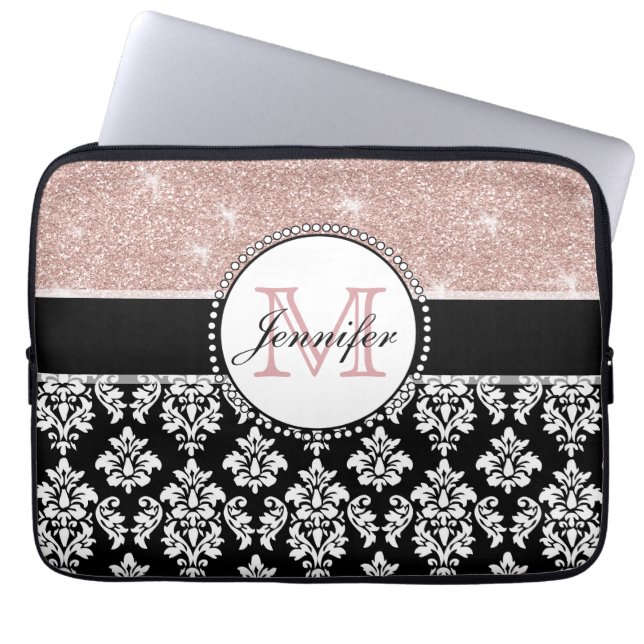 Girly Roos Gold Glitter Black Damask Monogrammed Laptop Sleeve (Voorkant)