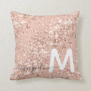 Girly Roos Gold Glitter Blush Monogram  Kussen