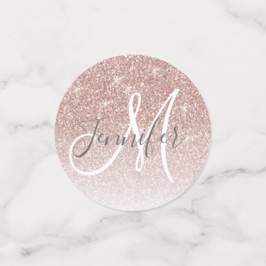 Girly Roos Gold Glitter Blush Monogram Naam Confetti (Kleine voorkant)