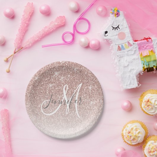 Girly Roos Gold Glitter Blush Monogram Naam Papieren Bordje (Feest)