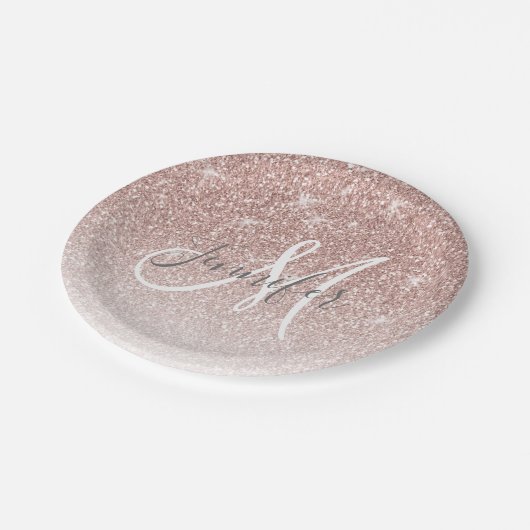 Girly Roos Gold Glitter Blush Monogram Naam Papieren Bordje (Gekanteld)