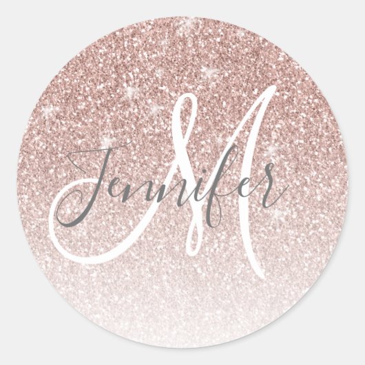 Girly Roos Gold Glitter Blush Monogram Naam Ronde Sticker (Voorkant)