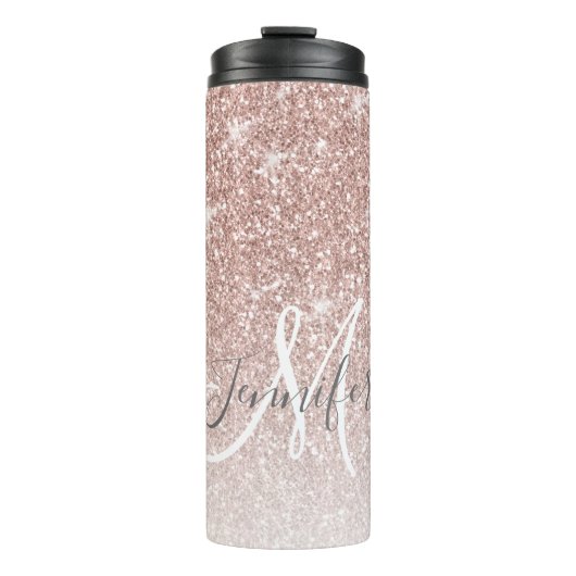Girly Roos Gold Glitter Blush Monogram Naam Thermosbeker (Voorkant)