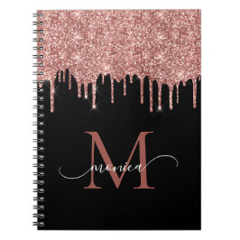 Girly Roos Gold Glitter Blush Monogram Naam zwart Notitieboek