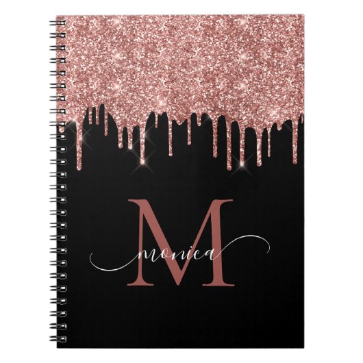 Girly Roos Gold Glitter Blush Monogram Naam zwart Notitieboek (Voorkant)