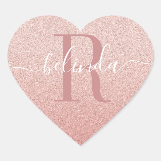 Girly Roos Gold Glitter Blush Pink Monogram Naam Hart Sticker (Voorkant)
