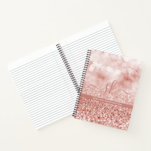 Girly Roos Gold Glitter Bokeh Luxe Monogram Notitieboek (Binnen)