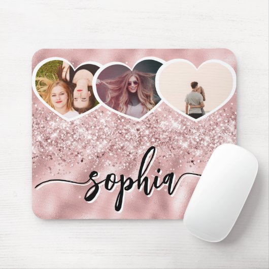 Girly Roos Gold Glitter Custom Naam Foto Collage Muismat (Met muis)