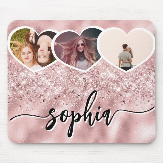 Girly Roos Gold Glitter Custom Naam Foto Collage Muismat (Voorkant)