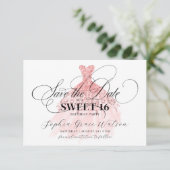 Girly Roos Gold Glitter Dress Sweet 16 Birthday Save The Date (Staand voorkant)