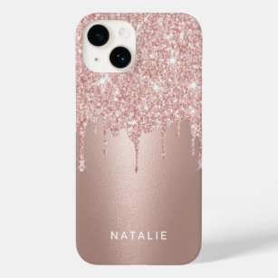 Girly Roos Gold Glitter Drift Custom Name Case-Mate iPhone 14 Hoesje