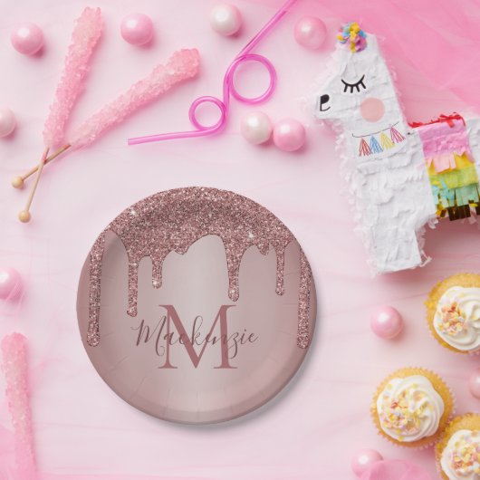 Girly Roos Gold Glitter Drift Monogram Birthday Papieren Bordje (Feest)