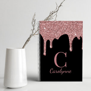 Girly Roos Gold Glitter Drift Monogram op zwart Notitieboek