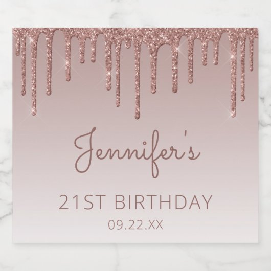 Girly Roos Gold Glitter Drip 21st Birthday Party Sparkling Wijnetiket (Enkel label)