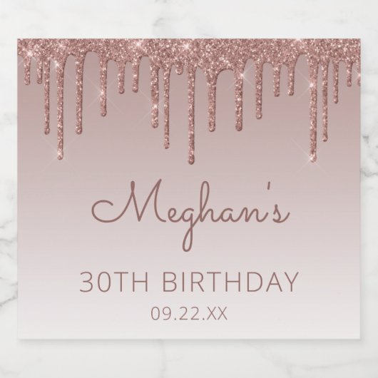 Girly Roos Gold Glitter Drip 30th Birthday Party Sparkling Wijnetiket (Enkel label)