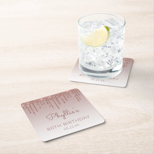 Girly Roos Gold Glitter Drip 80ste Verjaardagsfees Kartonnen Onderzetters (Insitu)