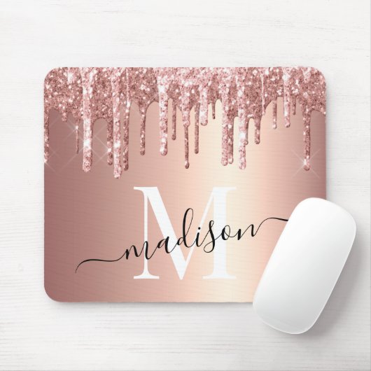 Girly Roos Gold Glitter Drip Folie Monogram Muismat (Met muis)