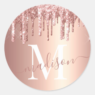 Girly Roos Gold Glitter Drip Folie Monogram Ronde Sticker