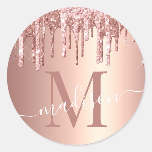 Girly Roos Gold Glitter Drip Folie Monogram Ronde Sticker (Voorkant)
