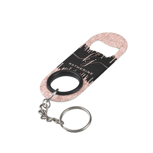 Girly Roos Gold Glitter Drips Monogramed Mini Flessenopener (Achterkant Gekanteld)