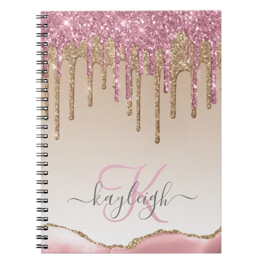 Girly Roos Gold Glitter Drives Ombre Monogram Notitieboek (Voorkant)