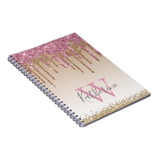 Girly Roos Gold Glitter Drives Ombre Monogram Notitieboek (Rechterzijde)