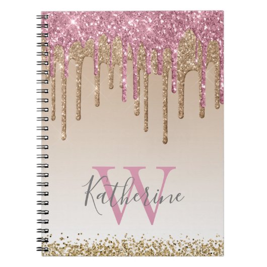 Girly Roos Gold Glitter Drives Ombre Monogram Notitieboek (Voorkant)