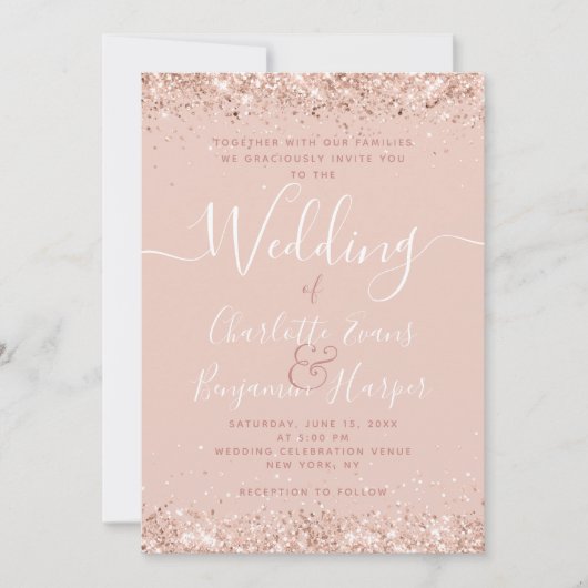 Girly Roos Gold Glitter Huwelijksuitnodiging Kaart (Voorkant)